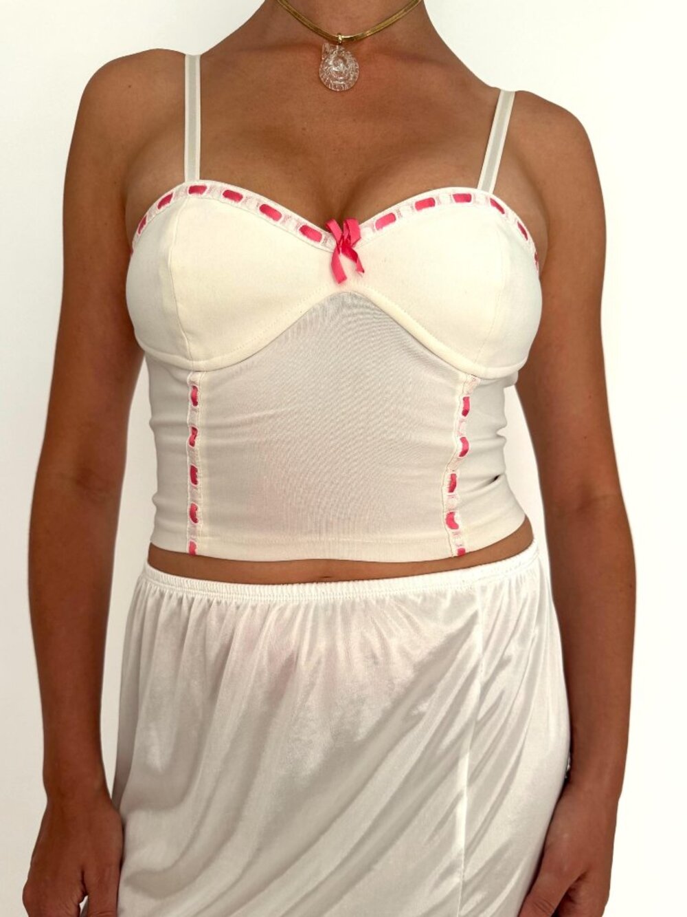 Y2K vintage Made in Italy white pink bow coquette bustier camisole crop top